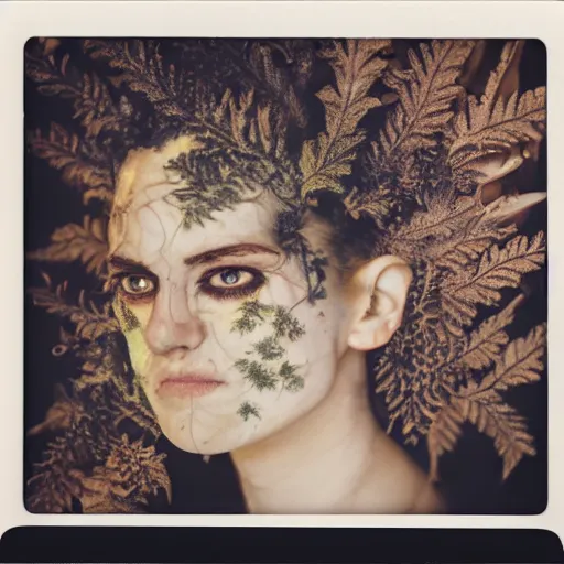 Image similar to a beautiful detailed front view portrait of a rotten woman corpse with fractal plants and fractal flowers growing around, volumetric light, beautiful lit, polaroid photography