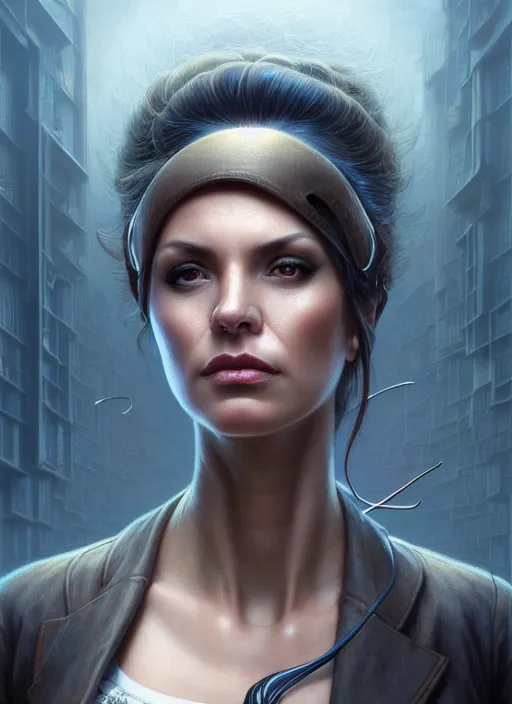 Image similar to closeup portrait shot of a female detective in a scenic cyberpunk mystery environment, intricate, elegant, highly detailed, centered, digital painting, artstation, concept art, smooth, sharp focus, illustration, artgerm, tomasz alen kopera, peter mohrbacher, donato giancola, joseph christian leyendecker, wlop, boris vallejo