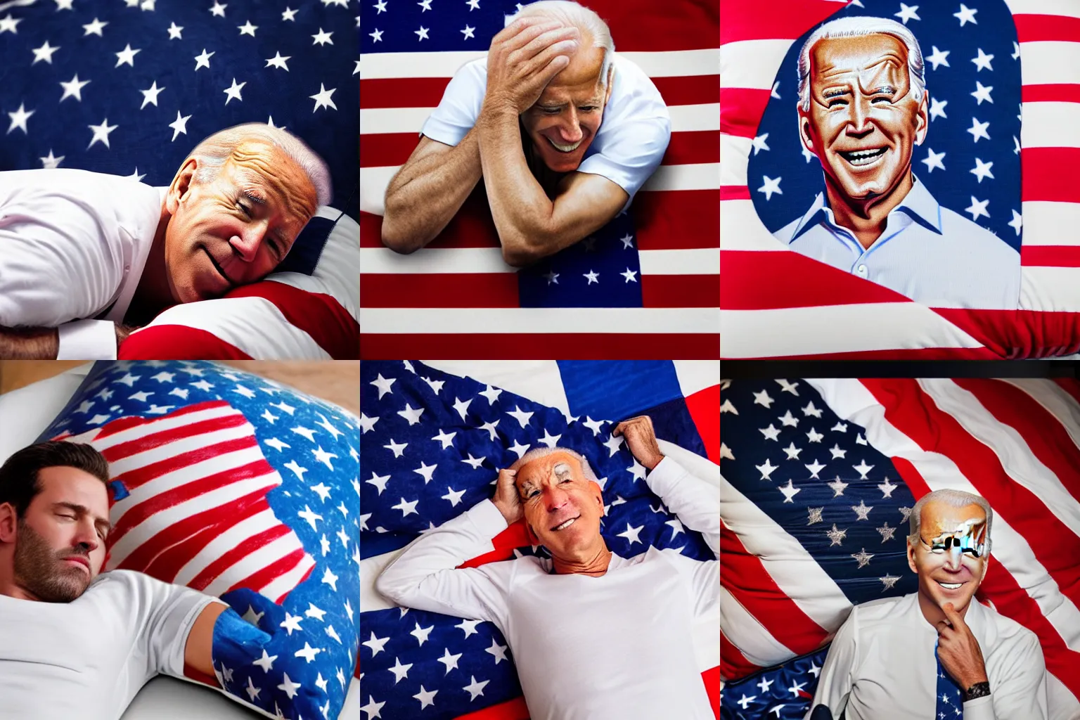 Prompt: a photograph of joe biden laying his head down on an american-flag pillow, wearing white pajamas, closed-eyes, symetrical, hyper-realistic, detailed, 8K prompt