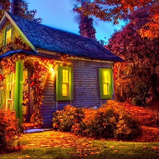 Image similar to Charming Halloween Cottage with Autumn Leaves Flowers and vines growing up the side at dusk magical lighting lightning bugs HDR