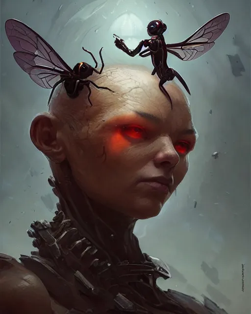 Image similar to professional ominous concept art portrait of a wasp - human chimera character by artgerm and greg rutkowski. an intricate, elegant, highly detailed digital painting, concept art, smooth, sharp focus, illustration, in the style of simon stalenhag, wayne barlowe, and igor kieryluk.