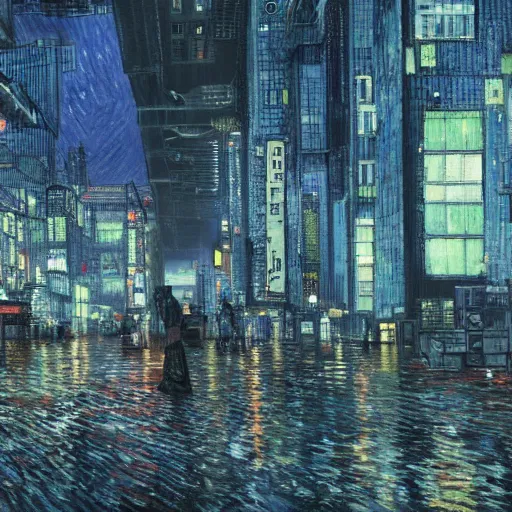 Image similar to cyberpunk city designed by Van Gogh,photorealistic,artstation,highly details