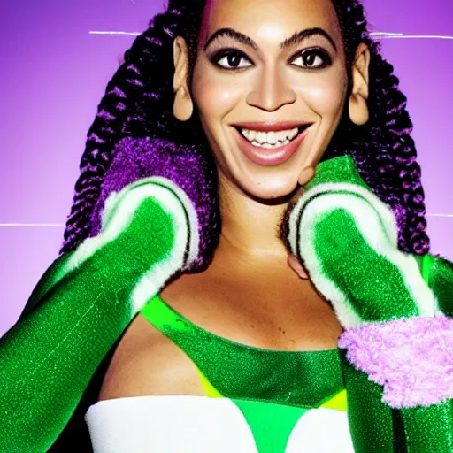 Prompt: Singer Beyoncé with green skin and dark green hair, wearing a white leotard with two purple vertical stripes, green skinned, wearing purple and white fingerless gloves, wearing purple and white sneakers, mini skirt, smiling, detailed legs, hyperreal, surreal, bokeh, tilt shift photography, green arms, green legs, green face,