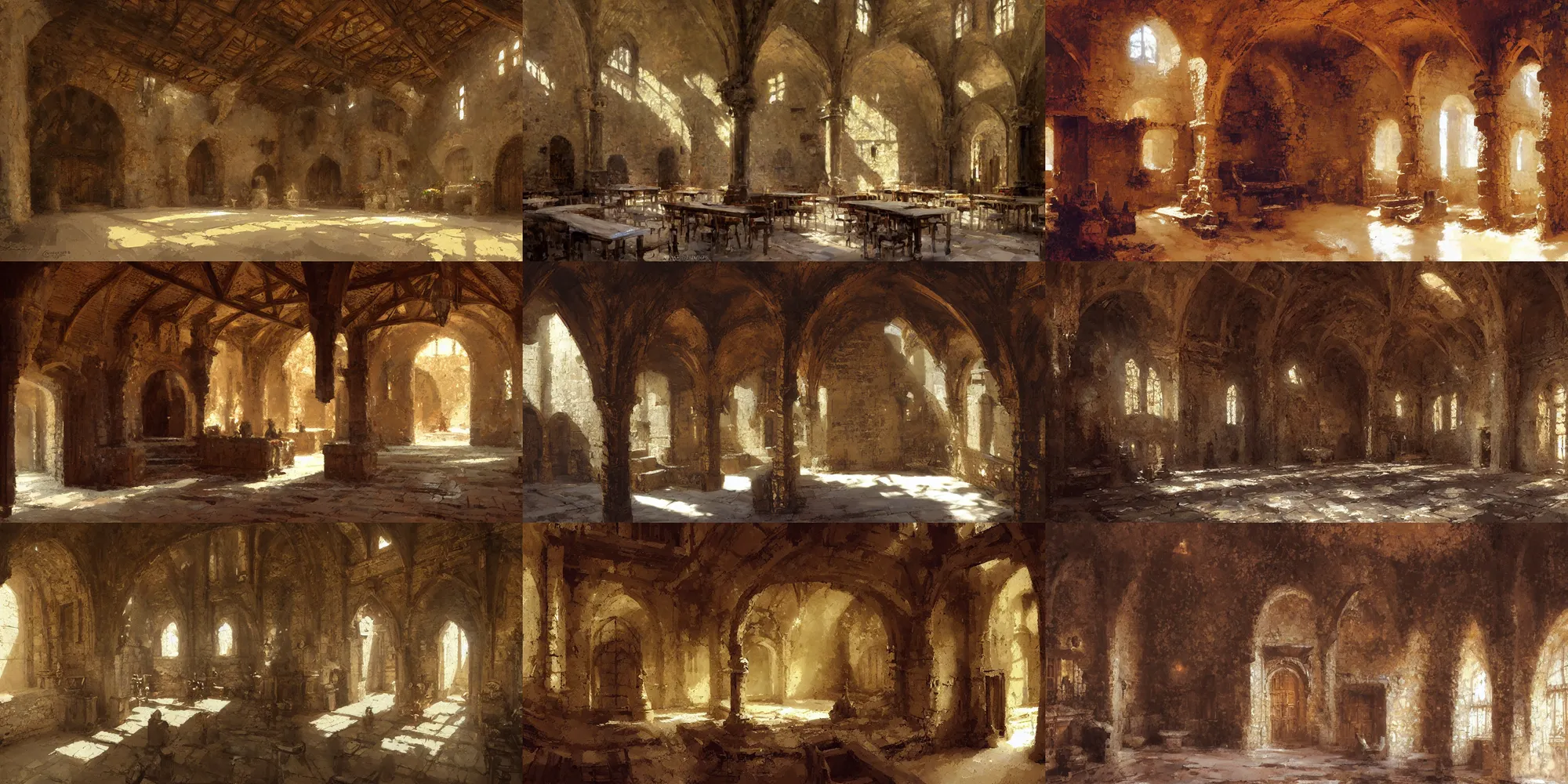 Prompt: interior of a medieval castle hall by craig mullins