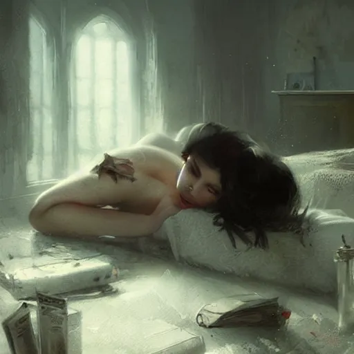 Prompt: Till Lindemann, lying in bed, blushing, A telephone receiver in hand, fantasy art by Greg Rutkowski