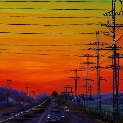 Prompt: colorful bouncing wires on power lines at sunset, beautiful painting, realistic, 4 k, trending on artstation