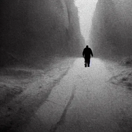 Prompt: a photo of a man walking threw hell in the style of Ansel Adams
