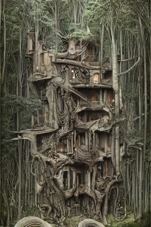 Image similar to a house in the forest by h. r giger, intricate, miles johnston, kuroda seiki, cynical realism, ozabu, john william godward, painterly, yoshitaka amano, moebius, miles johnston, louise zhang, james jean, mark ryden