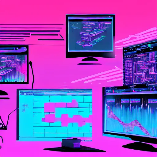 Image similar to hacker coding in front of a dozen screens, synthwave, concept art, digital illustration, highly detailed, 8 k wallpaper