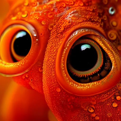 Image similar to fiery whimsical emotional eyes cephalopod, in a photorealistic macro photograph with shallow dof