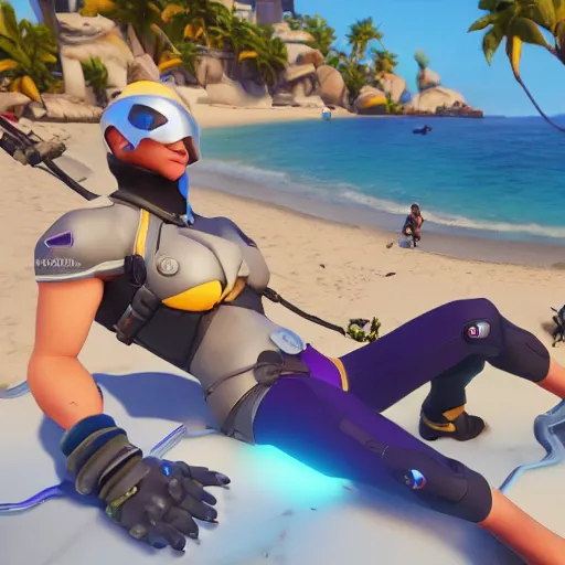 Image similar to d. i. v. a from overwatch relaxing at the beach getting a sun tan, unreal engine 5 4 k