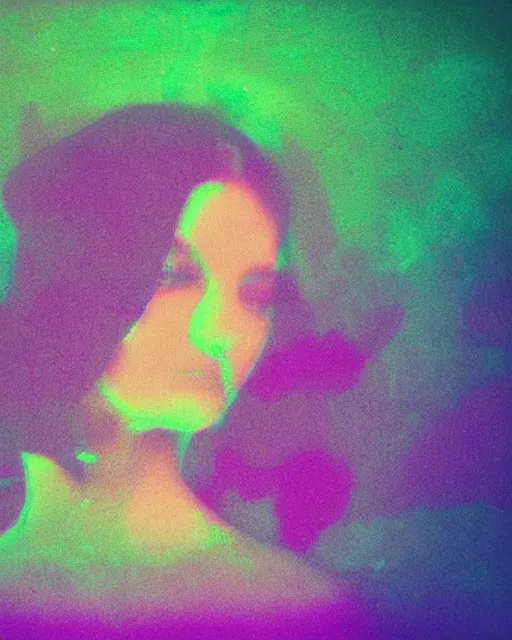 Prompt: simulated woman's face, blank expression, violet and yellow and green lighting, polaroid photo, atmospheric, whimsical and psychedelic, grainy, expired film, super glitched, corrupted file, color stains