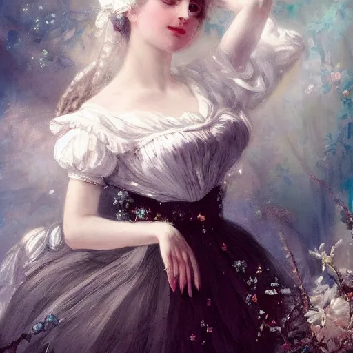 Image similar to Alice in Wonderland,a portrait of a beautiful Silver hair girl,Diamonds Blaze,Rose twining,luxuriant,dreamy, eternity, romantic,highly detailed,in the style of Franz Xaver Winterhalter, highly detailed,in the style of Aetherpunk