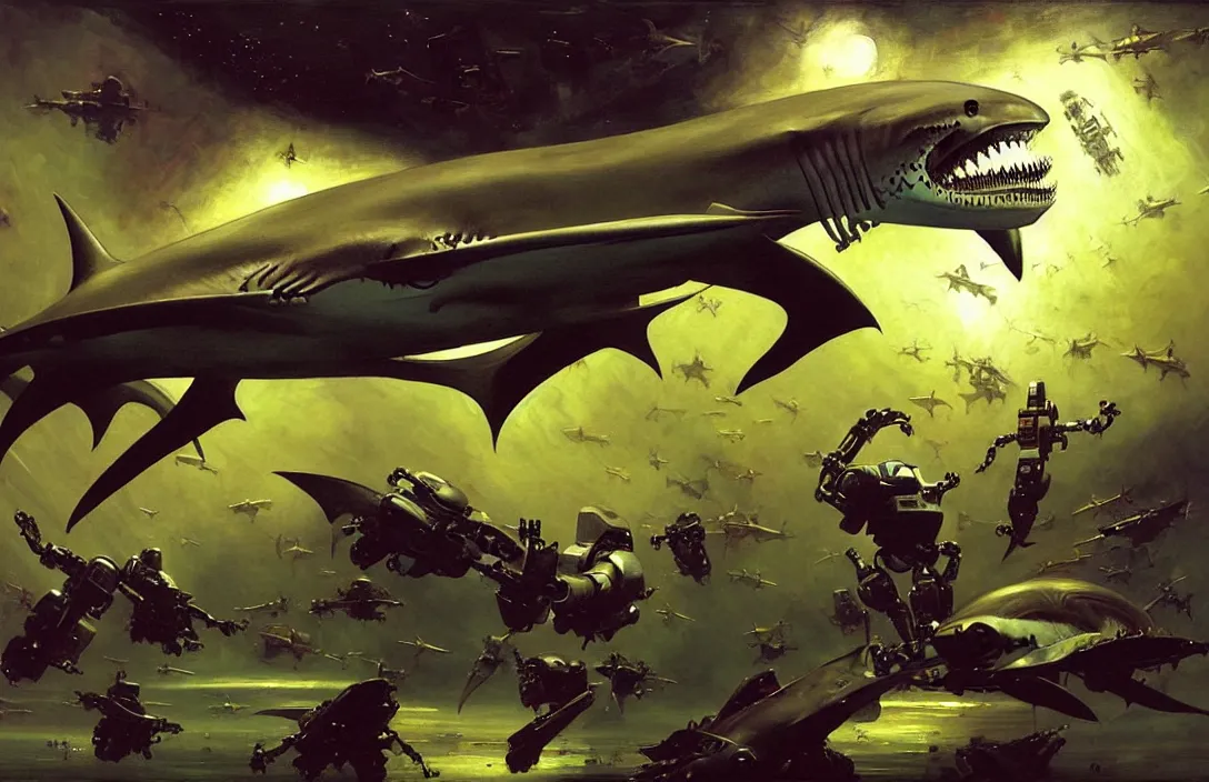 Image similar to a robotic space shark, detailed painting, epic lighting, by ilya repin, phil hale and kent williams