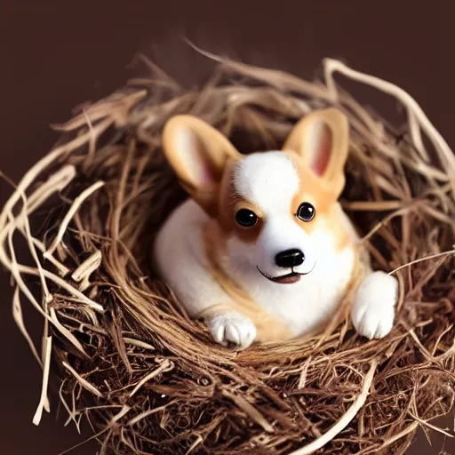 Image similar to a baby corgi emerging from an egg in a nest, photography, photorealistic