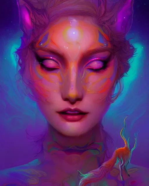 Prompt: lsd, acid trip, intricate, a beautiful woman with ( fox ) features, in professional makeup, dramatic lighting, by lois van baarle, ross tran, greg rutkowski, ultra detailed colorful repeating fractals in the background by moebius, beeple, artstation