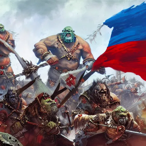 Image similar to Orcs from Warhammer Fantasy with Russian flags are charging by Greg Rutkowski