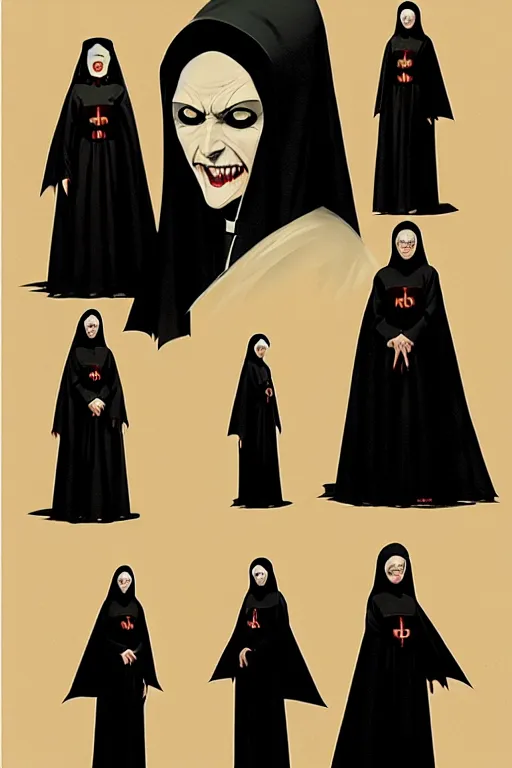 Prompt: single scary female vampire nun, evil grin, nun outfit, portrait size, photoshoot, powerful, super detailed and intricate, by koson ohara, by darwyn cooke, by greg rutkowski, by satoshi kon