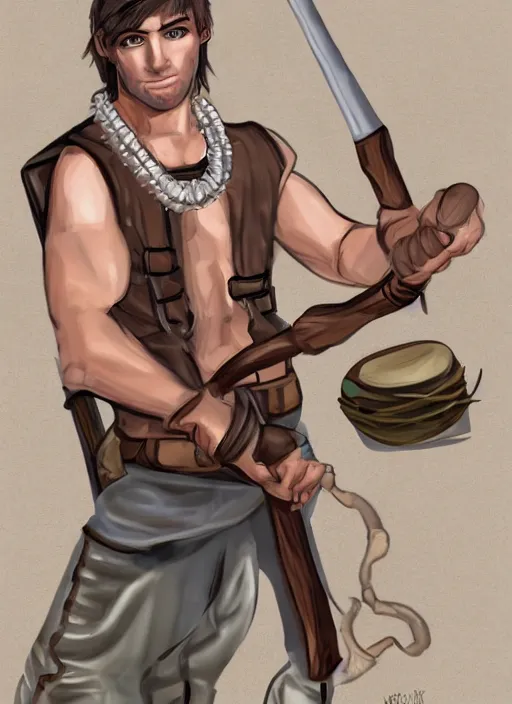 Image similar to a male ranger, dnd, wearing a leather vest and white linen pants, puka shell necklace, long swept back blond hair, with a bongo drum and nunchucks, chiseled good looks, digital art