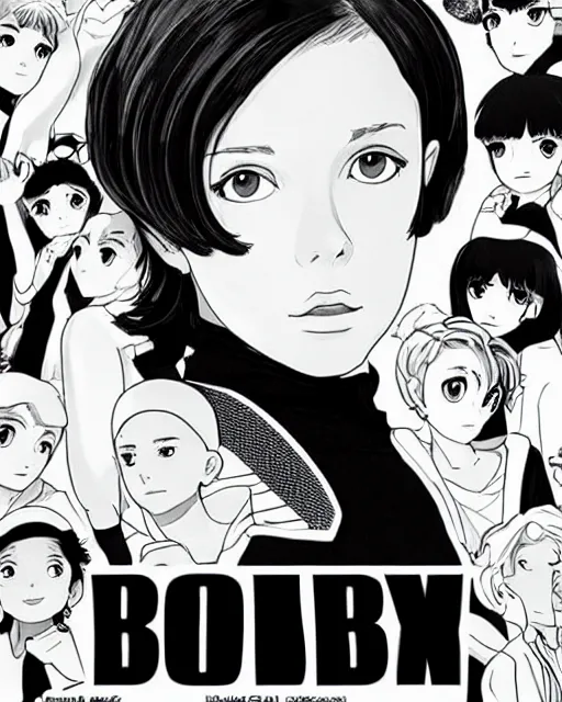 Image similar to Millie Bobby Brown in a black and white anime poster