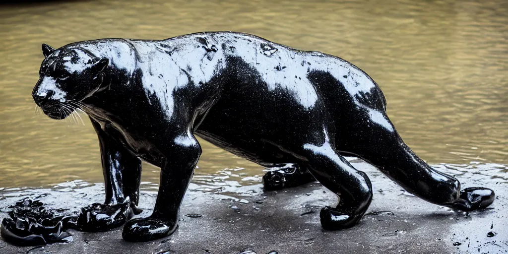 Image similar to the smooth black jaguar, made of smooth black goo, bathing in the tar moat in the zoo exhibit, viscous, sticky, full of tar, covered with black goo, splattered tar, dripping tar, dripping goo, splattered goo, sticky tar. photography, dslr, reflections, black goo, zoo, exhibit