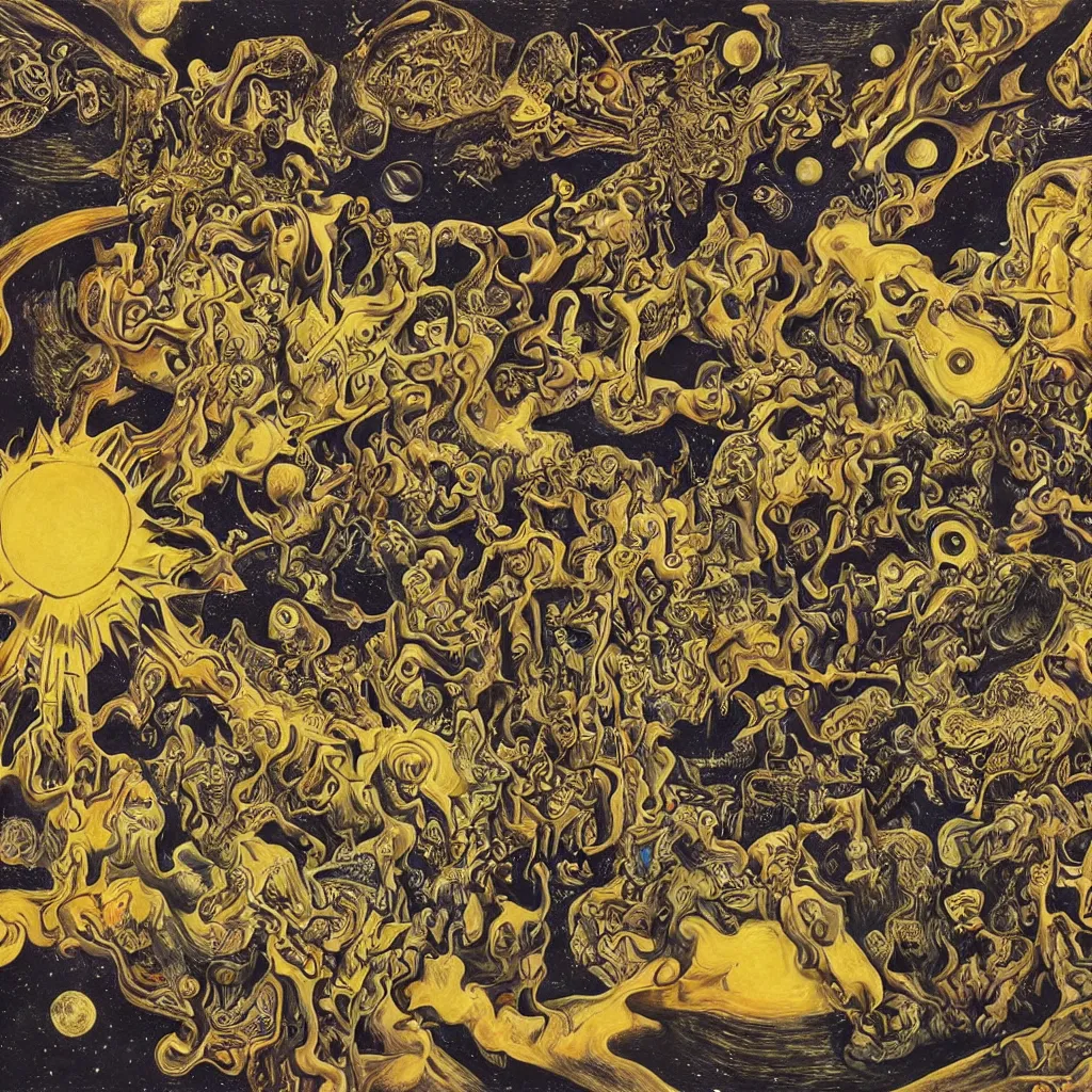 Prompt: intergalactic psychonaut unholy gathering, 4K, by collaboration of M. C. Escher and Salvador Dali and Van Gogh