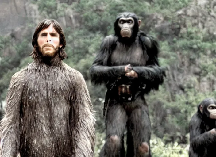 Image similar to film still of Christian Bale as George Taylor in Planet of the Apes 1968