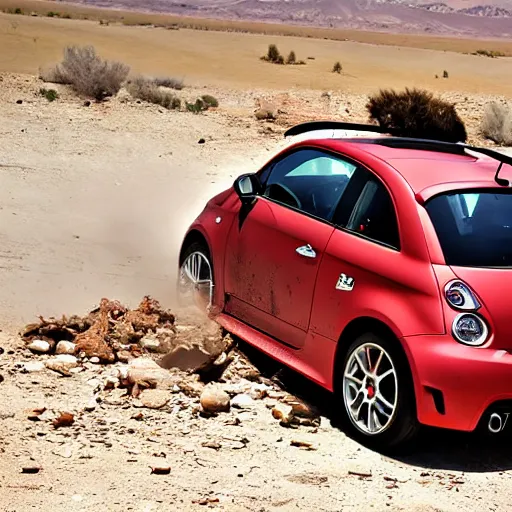 Image similar to a wrecked 2 0 1 0 abarth 5 0 0, abandoned in a desert, dusty, damaged, some rust