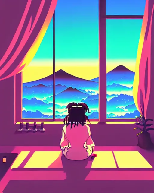 Image similar to detailed aesthetic vaporwave illustration of a lofi girl sitting in her studio studying anime digital art award winning scenery cinematic scene sunset in japan by studio ghibli and seerlight