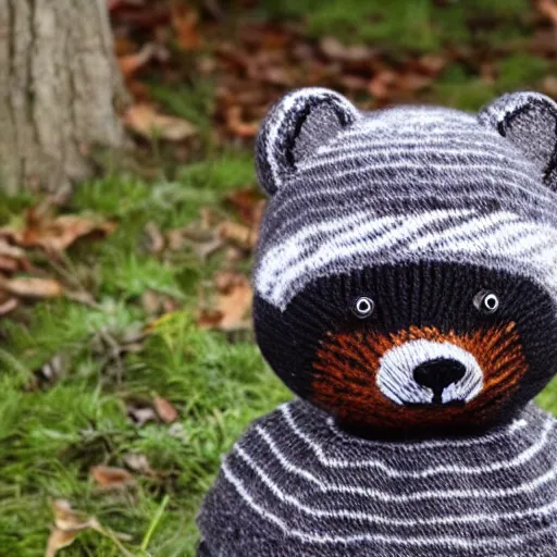 Image similar to a knitted hat shaped like a raccoon, very detailed, product photo