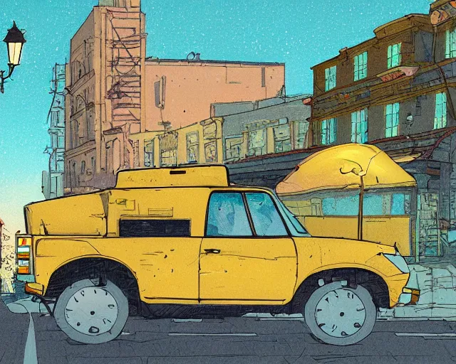 Prompt: a study of cell shaded cartoon of a yellow truck on a country road, street lamps, road, illustration, wide shot, subtle colors, post grunge, concept art by josan gonzales and wlop, by james jean, Victo ngai, David Rubín, Mike Mignola, Laurie Greasley, highly detailed, sharp focus, alien, Trending on Artstation, HQ, deviantart, art by artgem