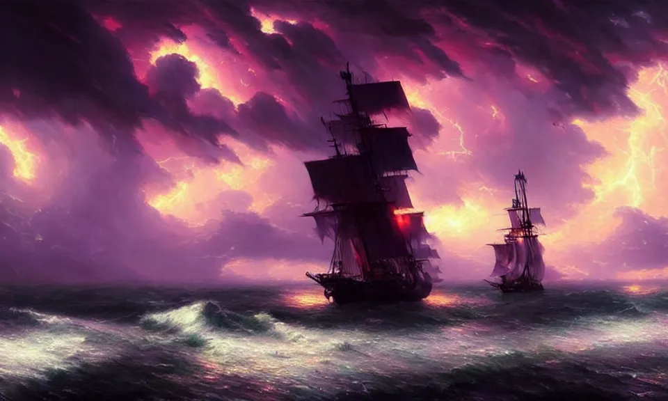 Prompt: huge pirate ships with large white sails rocked by violent stormy waters, massive fire and electrical storm clouds in epic purple sky, dark night, digital art, cinematic, concept art, trending on artstation, by greg rutkowski and thomas kinkade