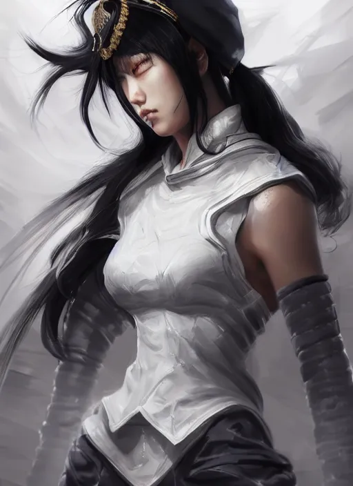 Prompt: a highly detailed illustration of fierce tall muscular amazon messy ponytail black haired one armed delinquent japanese woman wearing white cap wearing long white jacket with cape, dramatic pose, muscular, intricate, elegant, highly detailed, centered, digital painting, artstation, concept art, smooth, sharp focus, league of legends concept art, wlop.