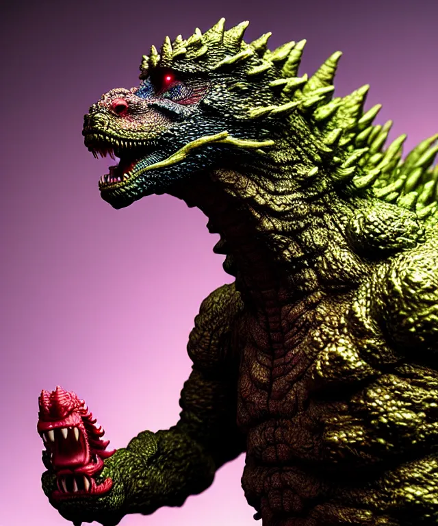 Image similar to hyperrealistic rendering, godzilla by art of skinner and richard corben and jeff easley, product photography, action figure, sofubi, studio lighting, colored gels