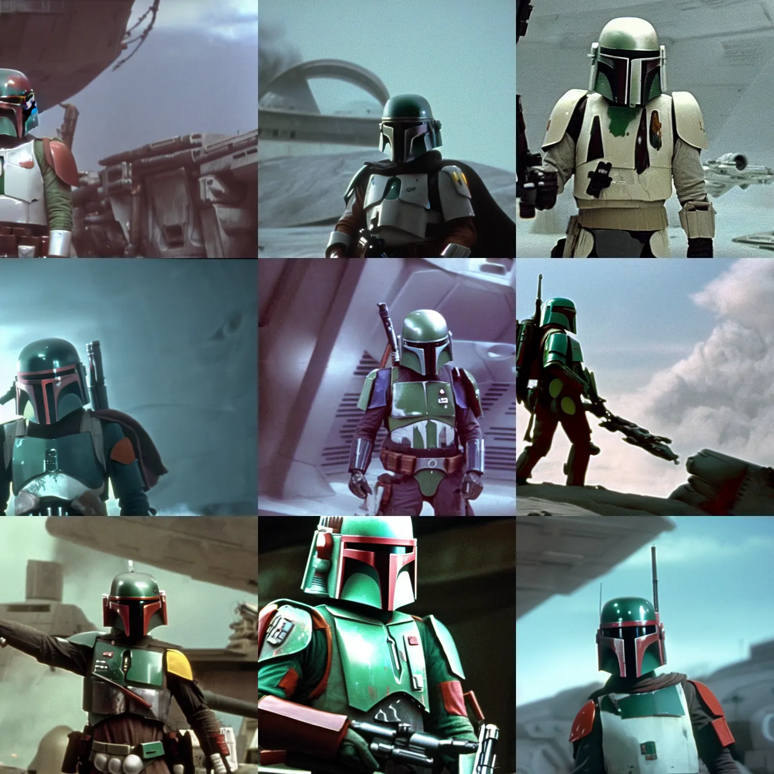 Image similar to cinematic shot of Boba Fett in Star Wars the empire strikes back