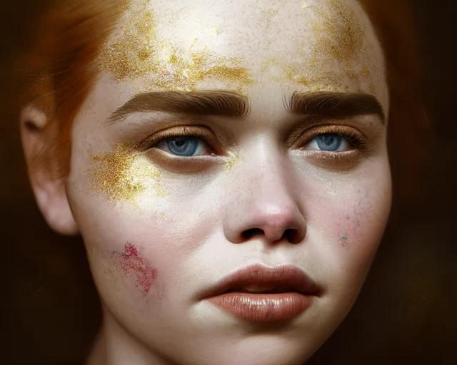 Image similar to 5 5 mm portrait photo of young redhead short hair emilia clarke with flower face paint, gold atmosphere. art by greg rutkowski. highly detailed 8 k. intricate. lifelike. soft light. nikon d 8 5 0.