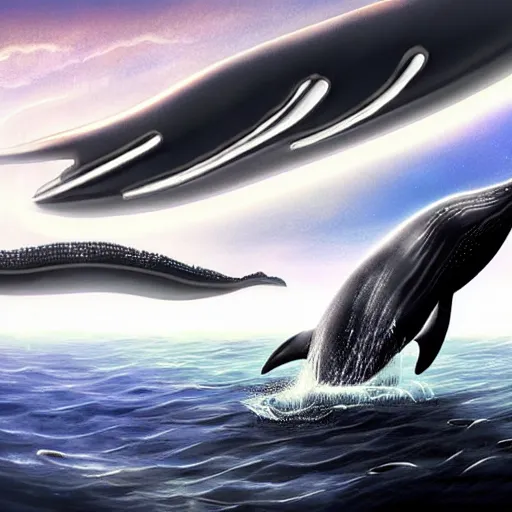 Image similar to a whale wistfully watching a futuristic spaceship fly away, sci-fi digital art illustration,