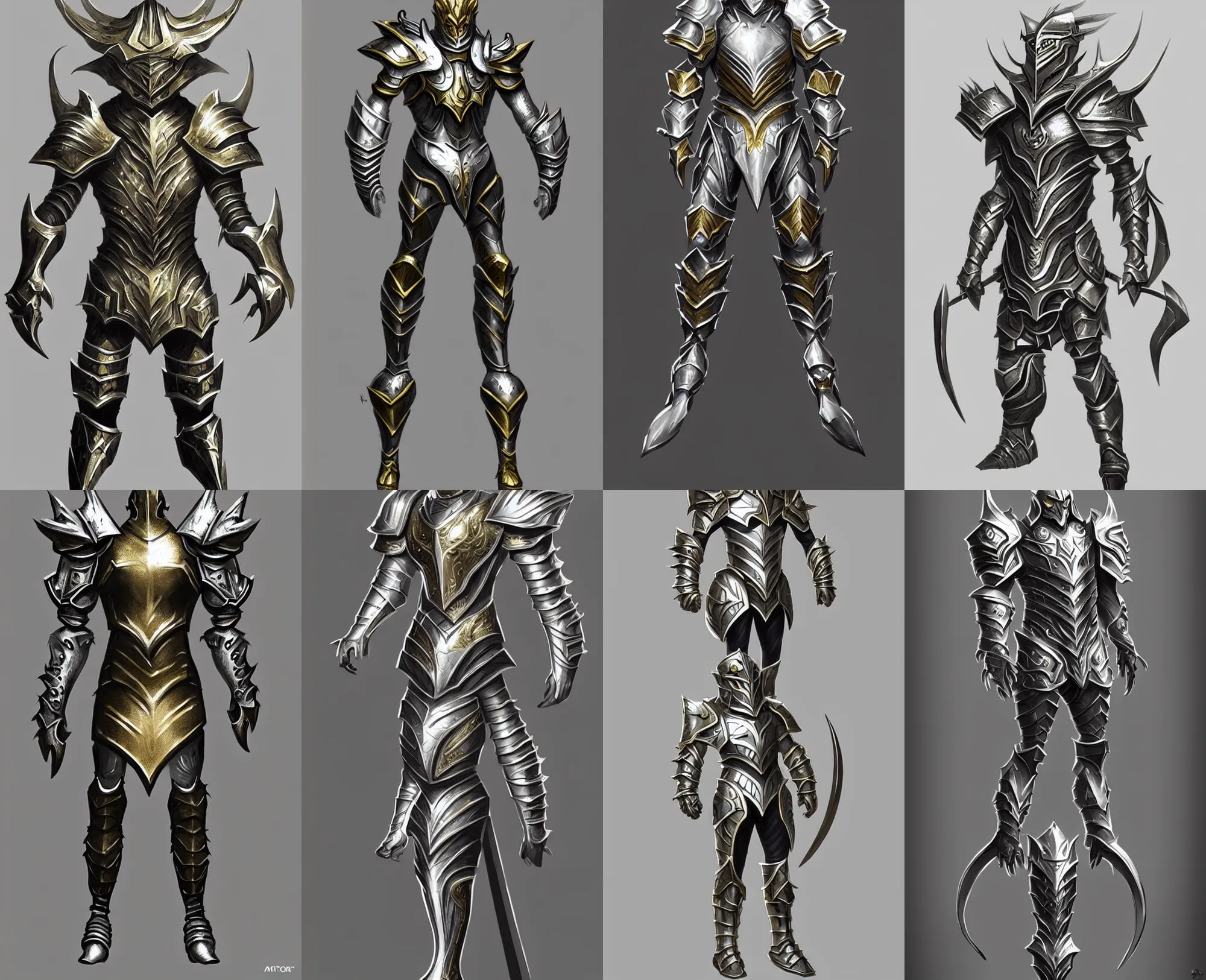 Prompt: fantasy armor, silver with gold trim, huge upper body, square proportions, fantasy concept art, artstation trending, clean, flat shading, minimialistic yet highly detailed