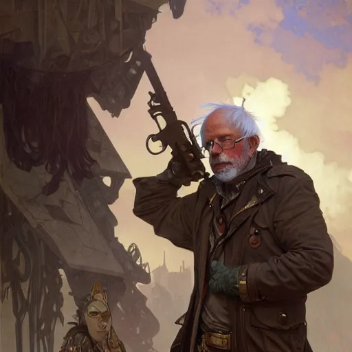 Prompt: post apocalyptic bernie sanders, fantasy, d & d, intricate, detailed, by by alphonse mucha, adolfo hohenstein, alice russell glenny, stanley artgerm lau, greg rutkowski, detailed, trending on artstation, trending on artstation, smooth