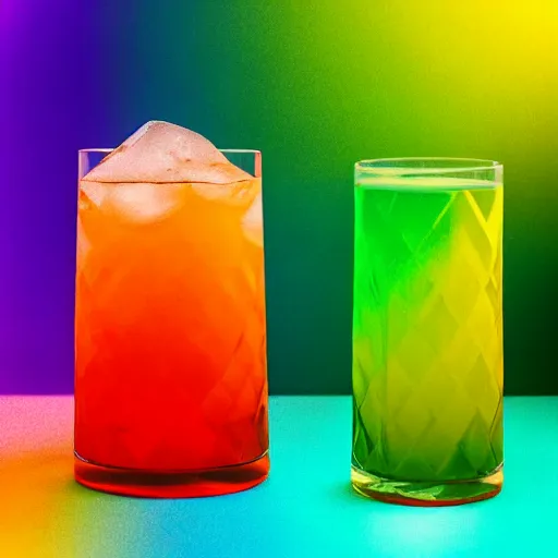 Prompt: a rainbow color layered cocktail in a triangular glass, caustics effects, depth of field, professional food photography