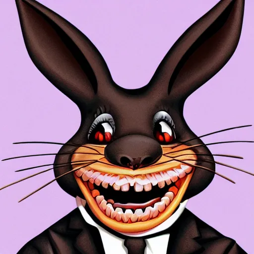 Image similar to A extremely highly detailed majestic hi-res beautiful, highly detailed head and shoulders portrait of a scary terrifying, horrifying, creepy maniacal crazy black cartoon rabbit with scary big eyes, earing a shirt laughing maniacally , let's be friends, in the style of a Walt Disney cartoon