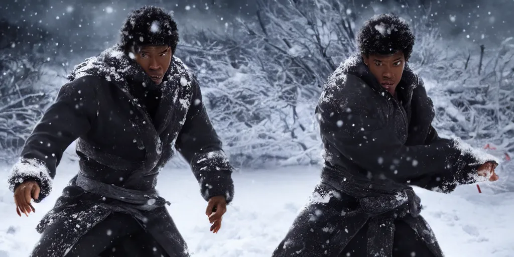 Image similar to a film still of a black man in the snow starring in a japanese blockbuster film tekken 7, shallow depth of field, cinematic, award winning cgi, vfx, film still