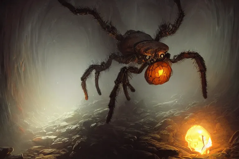 Image similar to a close - up view of a monstrous tarantula in a dark foreboding tunnel, with cobwebs, with a tiny human explorer with a lamp, in the style of peter mohrbacher, dramatic lighting, atmospheric, low angle, wide angle, hyper - realistic, concept art, highly detailed digital painting, trending on artstation