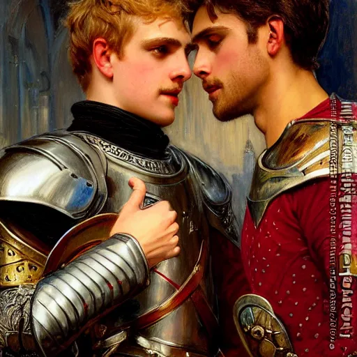 Image similar to attractive fully clothed arthur pendragon confesses his love for his attractive fully clothed male knight. highly detailed painting by gaston bussiere and j. c. leyendecker 8 k