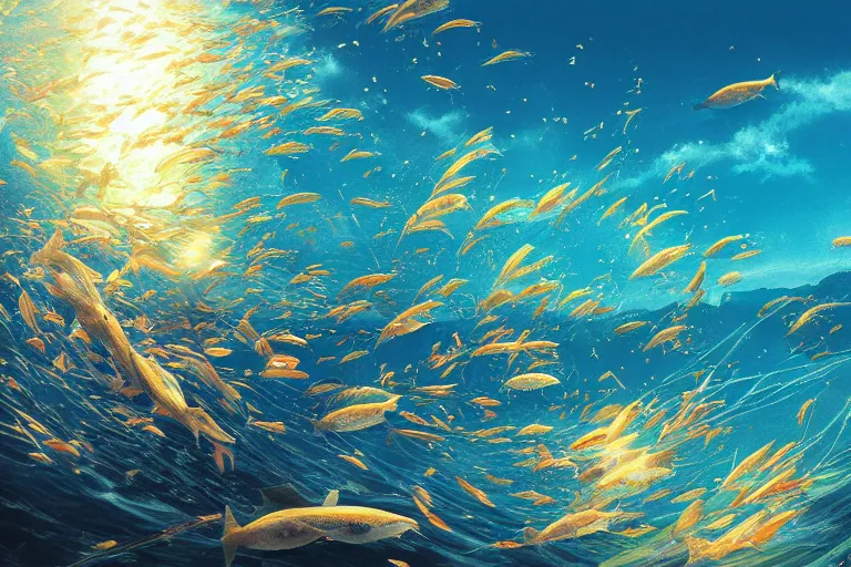 Prompt: portrait of goldfishes swarming the ocean. shadow and light. rays of light. energetic, dynamic, lively, detailed, intricate, complex. fine art by hayao miyazaki, akira toriyama, and makoto shinkai.