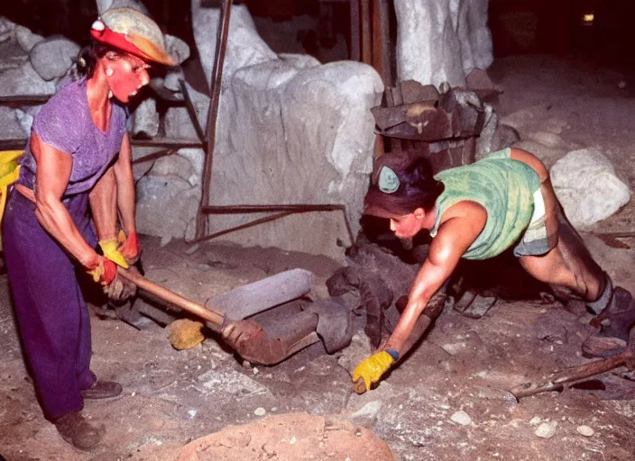 Image similar to 90's professional color photograph, A muscular woman who labors in the mines.