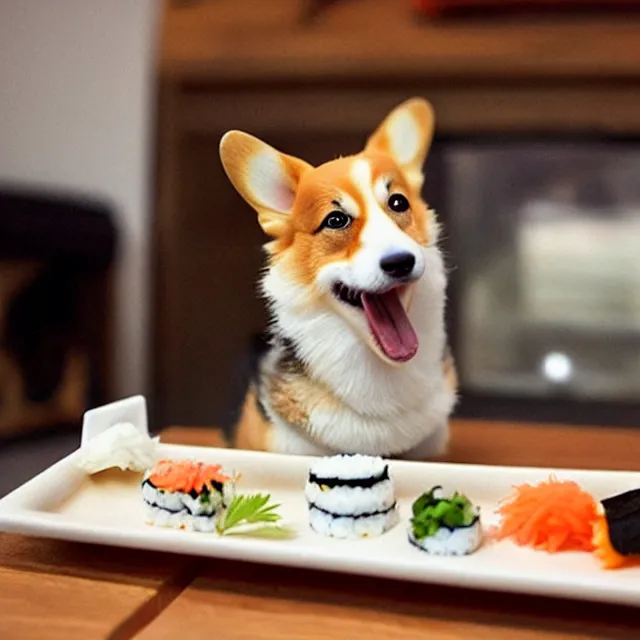 Prompt: a cute corgi lives in a house made of sushi