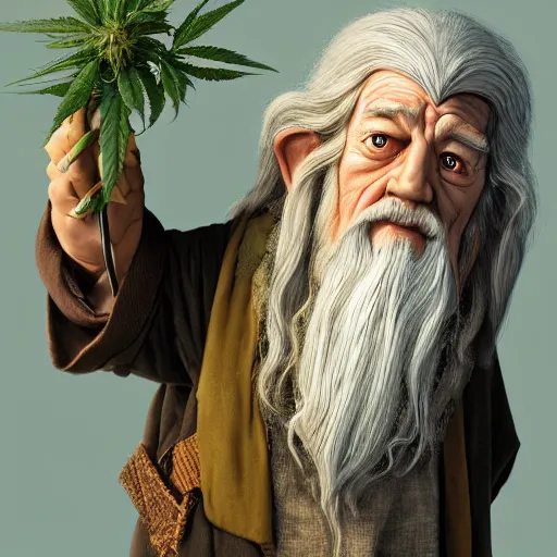 Prompt: Gandalf from the hobbit holding a marijuana plant, amazing digital art, trending on artstation, highly detailed