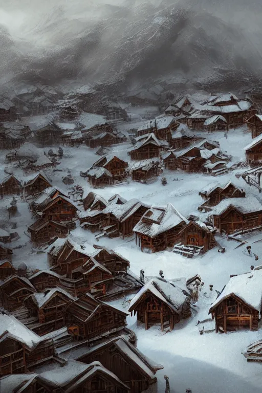 Prompt: mountain village with wooden viking houses in the snow, blizzard, landscape, raphael lacoste, eddie mendoza, alex ross, concept art, matte painting, highly detailed, rule of thirds, dynamic lighting, cinematic, detailed, denoised, centerd