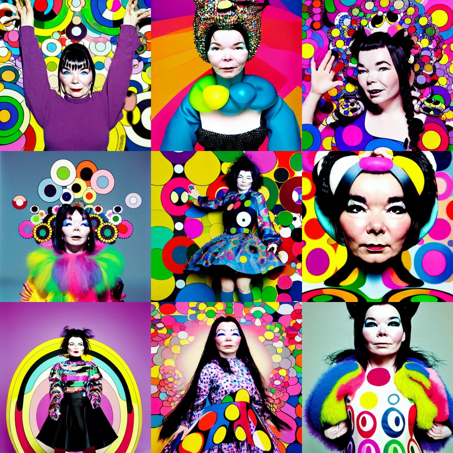 Prompt: professional portrait photoshoot of bjork bjork in the style of takashi murakami, colorful superflat movement, 1 9 9 6